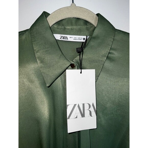 Zara Women's Dress Satin Short Long-Sleeve Collared Green Size S (NEW) - Picture 8 of 9